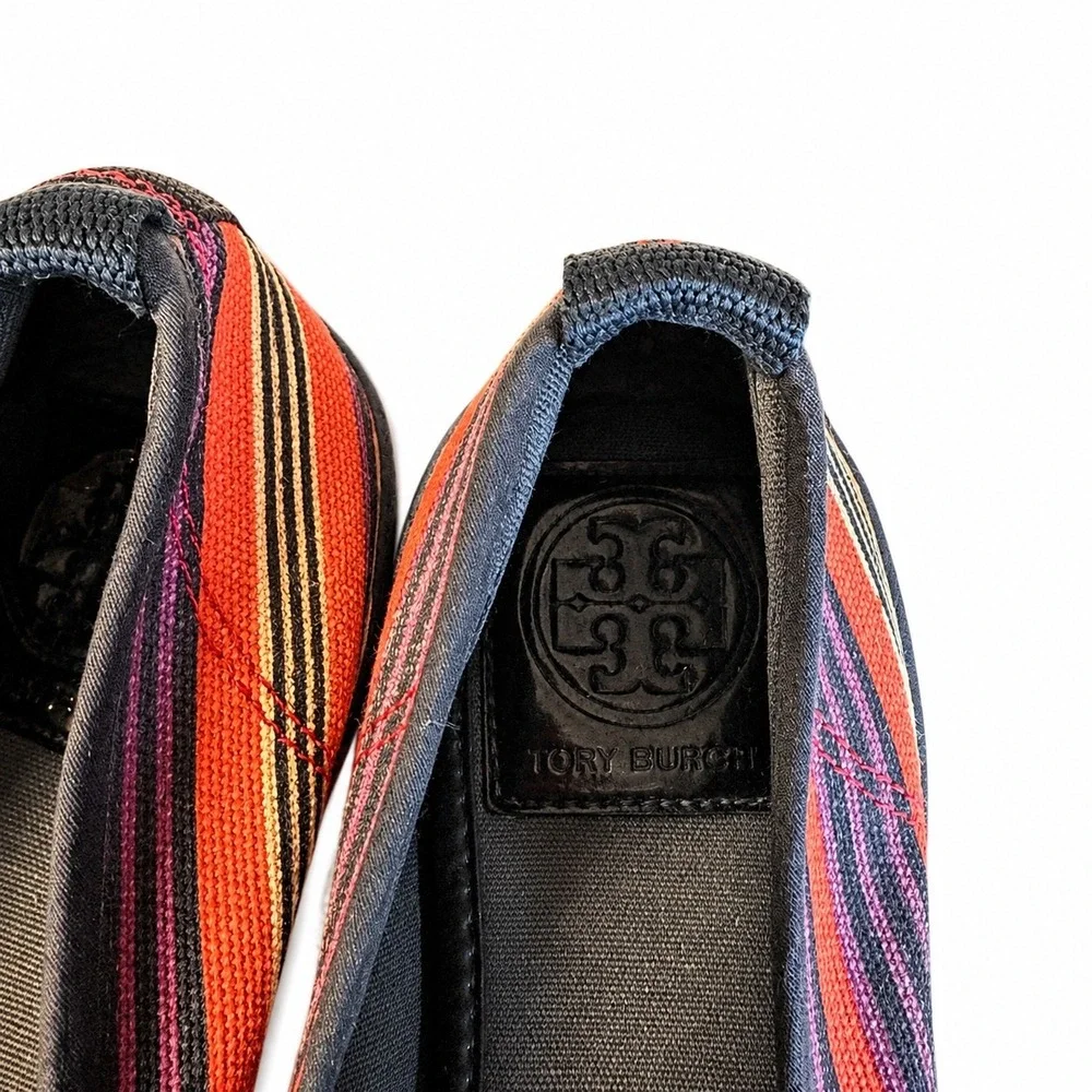 Tory Burch Striped Canvas Logo Medallion Slip On Flats Orange Multi Size 7